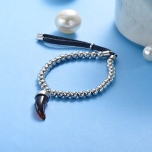 Pulsera mujer acero inoxidable estilo bolitas con dije colmillo