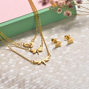Collar y aretes mujer 3 lienzos corazón y libélulas acero inoxidable