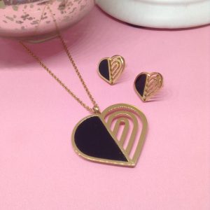Collar y aretes mujer acero inoxidable corazon negro calado