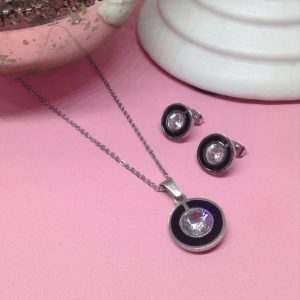 Conjunto mujer acero inoxidable moda zirconia esmalte negro