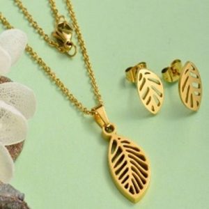 Conjunto cadena, dije y aretes dorado mod hoja