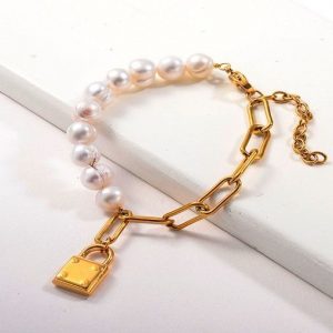 Pulsera con cuentas de perlas genuinas chapadas en oro