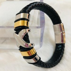 Pulsera caballero de cuero ejecutivo negra con dorado