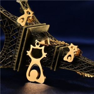 Aretes y collar gatos dorado modelo kb179