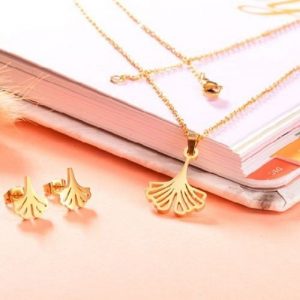 Conjunto cadena dije y aretes dorado mod hoja doble