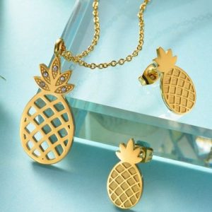 Conjunto cadena, dije y aretes dorado mod piñas