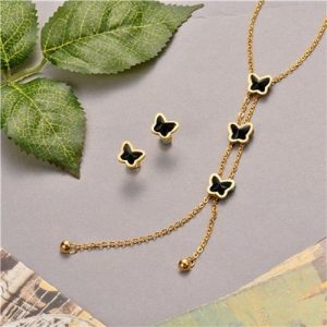 Conjunto collar color dorado arete y dije 3 mariposas
