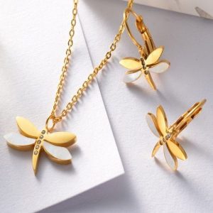 Conjunto cadena, dije y aretes dorado mod libélula