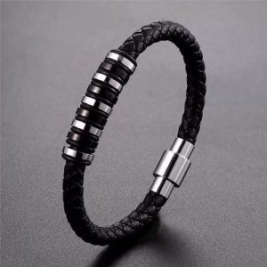 Pulsera caballero de cuero genuino negro con dorado universal