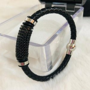 Pulsera caballero de cuero genuino negro con negro casual