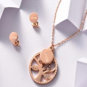 Conjunto rosa collar y arete love arbol de vida