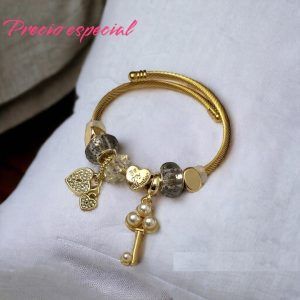 Pulsera charms acero inoxidable llave piedra negra