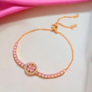 Pulsera chapa oro 18k, piedra rosa giratoria mod11787