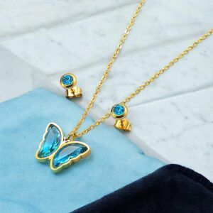 Conjunto de  de aretes y collar de mariposa de cristal de acero inoxidable 316L