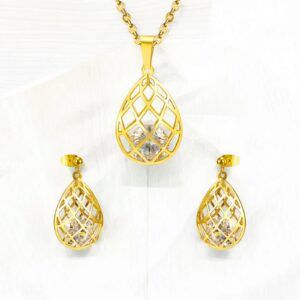 Conjunto Collar y aretes circonio de acero inoxidable con gotas de agua elegantes